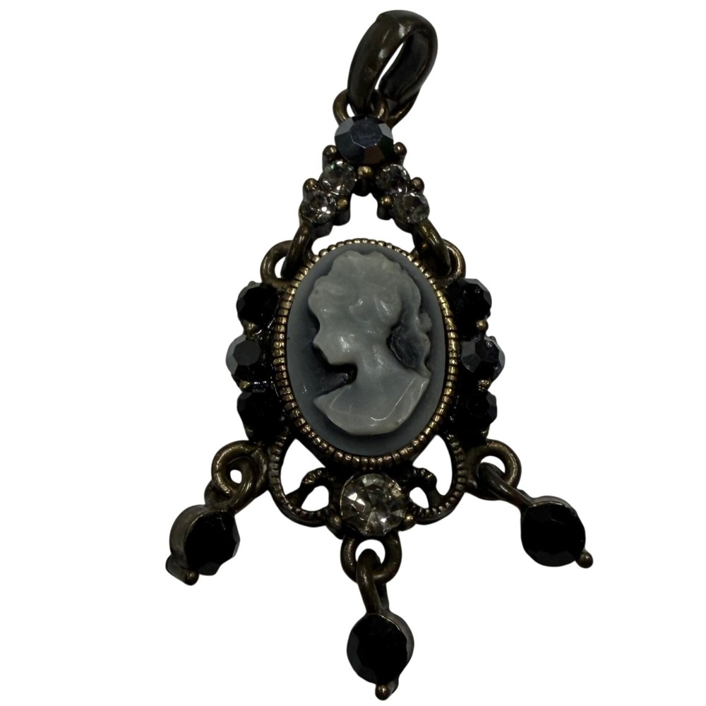 Vintage Style Cameo Pendant Antique Bronze Tone Black Grey Crystal Drop Charm